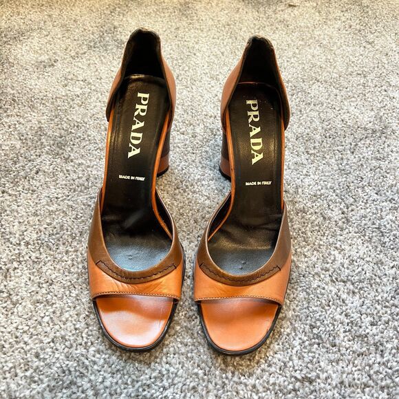 Vintage Prada Brown Leather Retro Colorblock Heels Shoes Women’s 7 36.5 - Picture 2 of 7